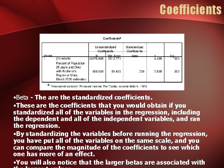 Coefficients • Beta - The are the standardized coefficients. • These are the coefficients