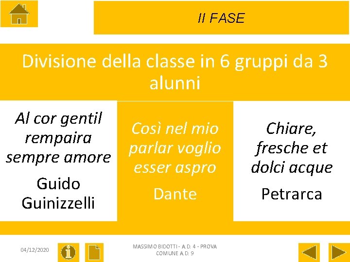 II FASE Divisione della classe in 6 gruppi da 3 alunni Al cor gentil