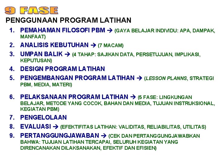 PENGGUNAAN PROGRAM LATIHAN 1. PEMAHAMAN FILOSOFI PBM (GAYA BELAJAR INDIVIDU: APA, DAMPAK, MANFAAT) 2.