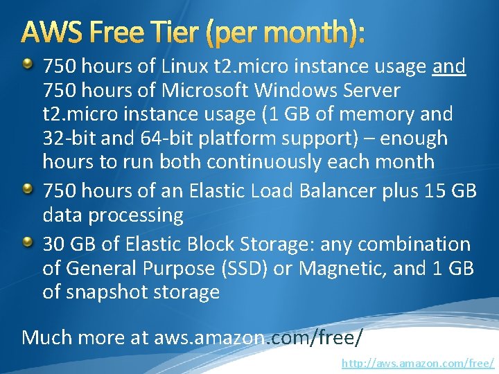 AWS Free Tier (per month): 750 hours of Linux t 2. micro instance usage AWS Free Tier (per month): 750 hours of Linux t 2. micro instance usage