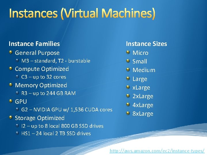 Instances (Virtual Machines) Instance Families Instance Sizes General Purpose M 3 – standard, T Instances (Virtual Machines) Instance Families Instance Sizes General Purpose M 3 – standard, T
