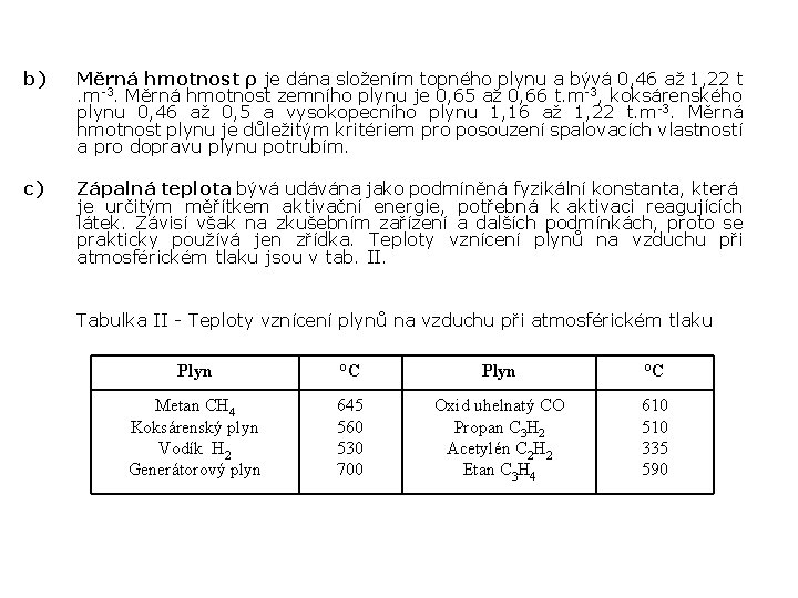 b) Měrná hmotnost ρ je dána složením topného plynu a bývá 0, 46 až