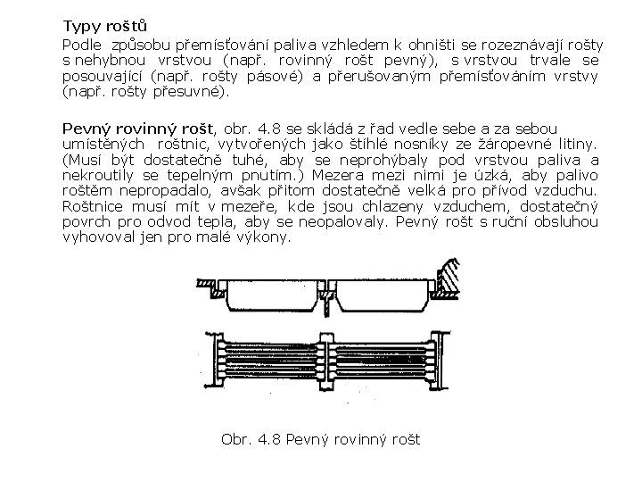 Typy roštů Podle způsobu přemísťování paliva vzhledem k ohništi se rozeznávají rošty s nehybnou