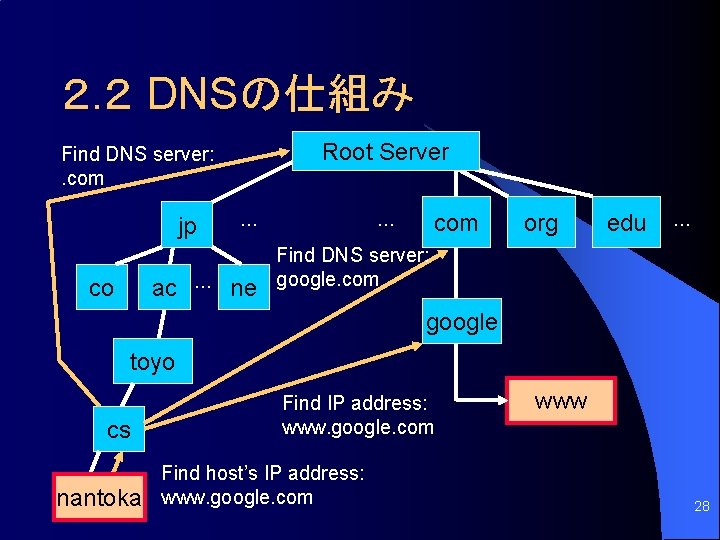 ２. ２ DNSの仕組み Root Server Find DNS server: . com jp co ac …