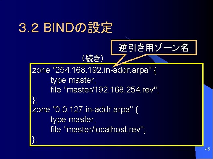 ３. ２ BINDの設定 逆引き用ゾーン名 （続き） zone "254. 168. 192. in-addr. arpa" { type master;