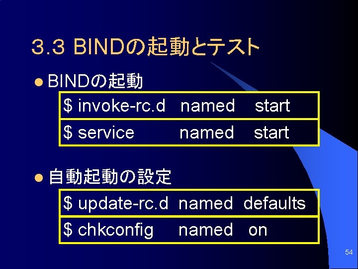 ３. ３ BINDの起動とテスト l BINDの起動 $ invoke-rc. d named $ service named start l