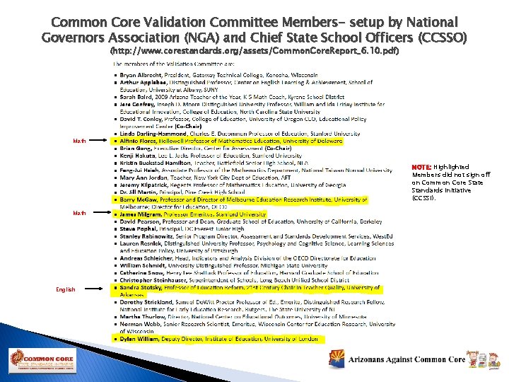 Common Core Validation Committee Members- setup by National Governors Association (NGA) and Chief State