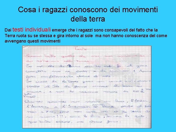 Cosa i ragazzi conoscono dei movimenti della terra Dai testi individuali emerge che i