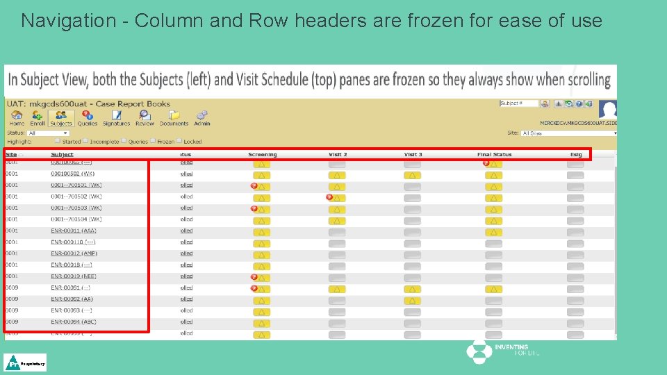 Navigation - Column and Row headers are frozen for ease of use 