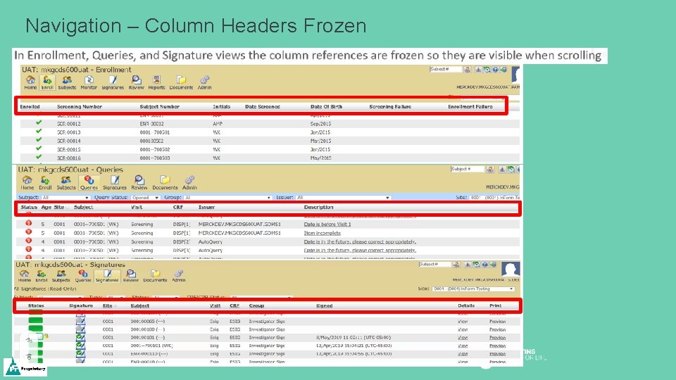 Navigation – Column Headers Frozen 