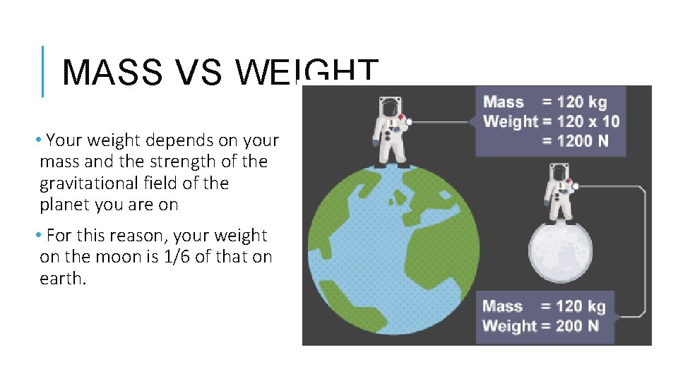MASS VS WEIGHT • Your weight depends on your mass and the strength of