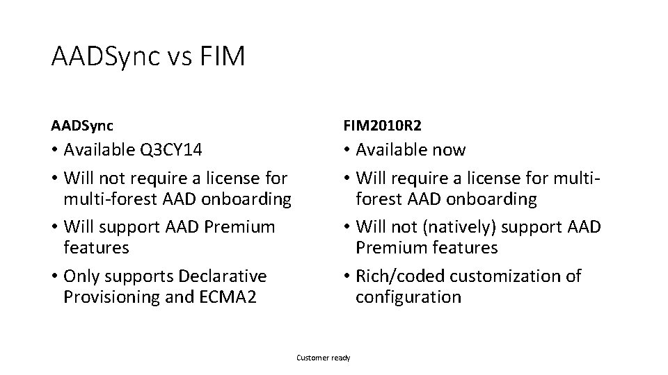 AADSync vs FIM AADSync FIM 2010 R 2 • Available Q 3 CY 14