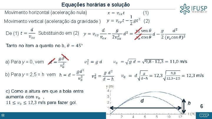 Equações horárias e solução Movimento horizontal (aceleração nula) Movimento vertical (aceleração da gravidade )