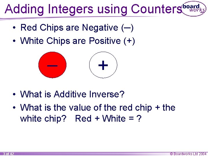 Adding Integers using Counters • Red Chips are Negative (─) • White Chips are