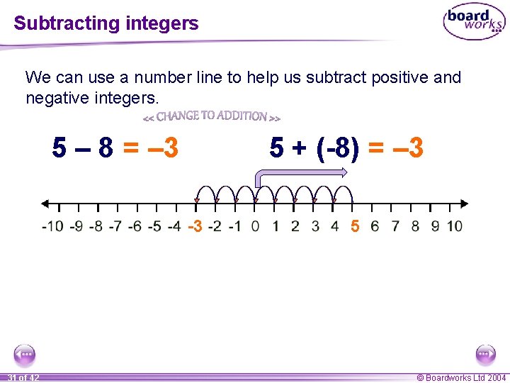 Subtracting integers We can use a number line to help us subtract positive and