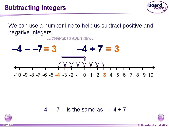 Subtracting integers We can use a number line to help us subtract positive and