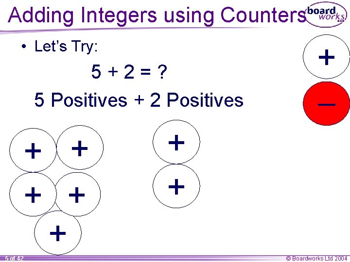 Adding Integers using Counters • Let’s Try: 5+2=? 5 Positives + 2 Positives +