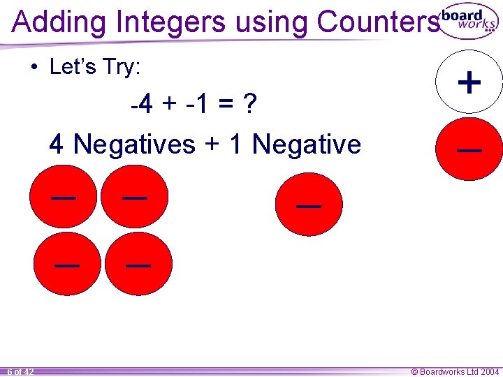 Adding Integers using Counters • Let’s Try: -4 + -1 = ? 4 Negatives