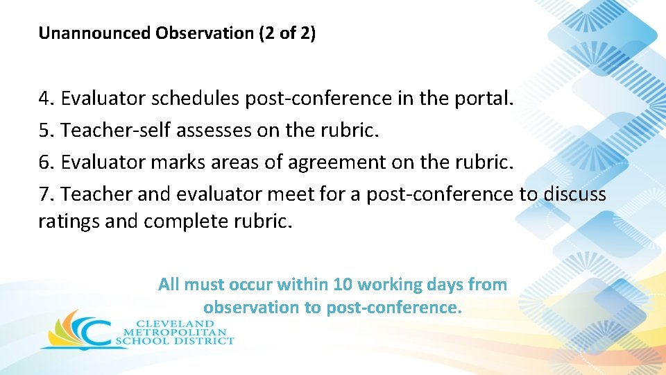 Unannounced Observation (2 of 2) 4. Evaluator schedules post-conference in the portal. 5. Teacher-self