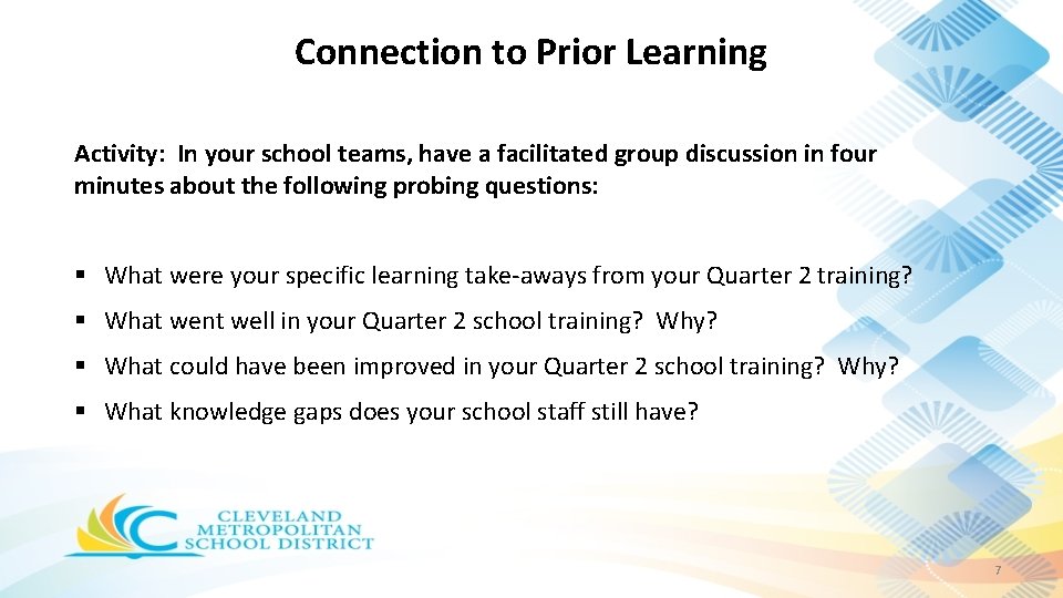 Connection to Prior Learning Activity: In your school teams, have a facilitated group discussion