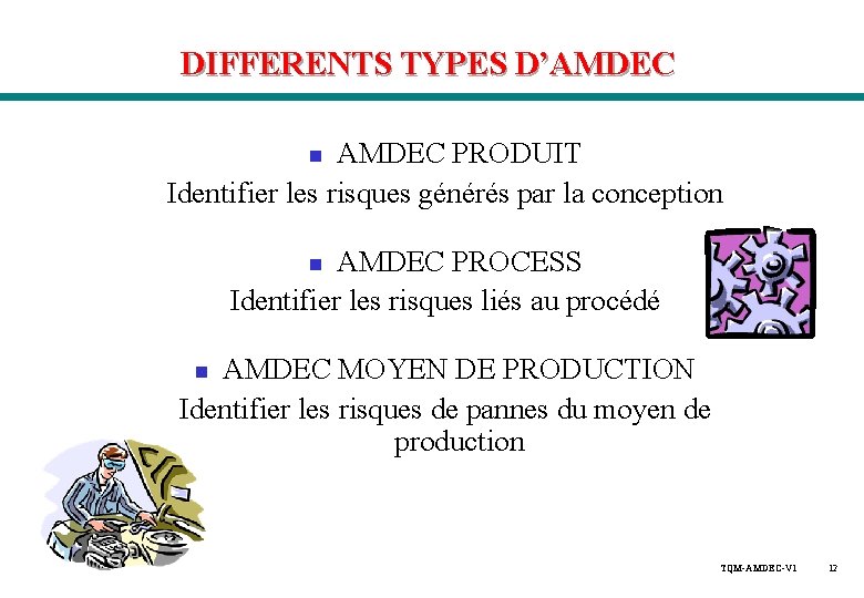 DIFFERENTS TYPES D’AMDEC PRODUIT Identifier les risques générés par la conception n AMDEC PROCESS DIFFERENTS TYPES D’AMDEC PRODUIT Identifier les risques générés par la conception n AMDEC PROCESS