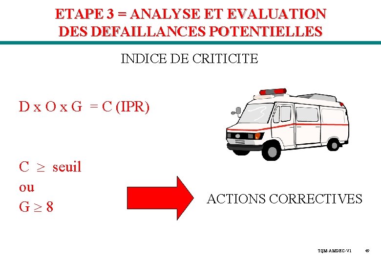 ETAPE 3 = ANALYSE ET EVALUATION DES DEFAILLANCES POTENTIELLES INDICE DE CRITICITE D x ETAPE 3 = ANALYSE ET EVALUATION DES DEFAILLANCES POTENTIELLES INDICE DE CRITICITE D x