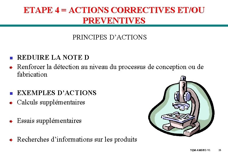 ETAPE 4 = ACTIONS CORRECTIVES ET/OU PREVENTIVES PRINCIPES D’ACTIONS n n REDUIRE LA NOTE ETAPE 4 = ACTIONS CORRECTIVES ET/OU PREVENTIVES PRINCIPES D’ACTIONS n n REDUIRE LA NOTE