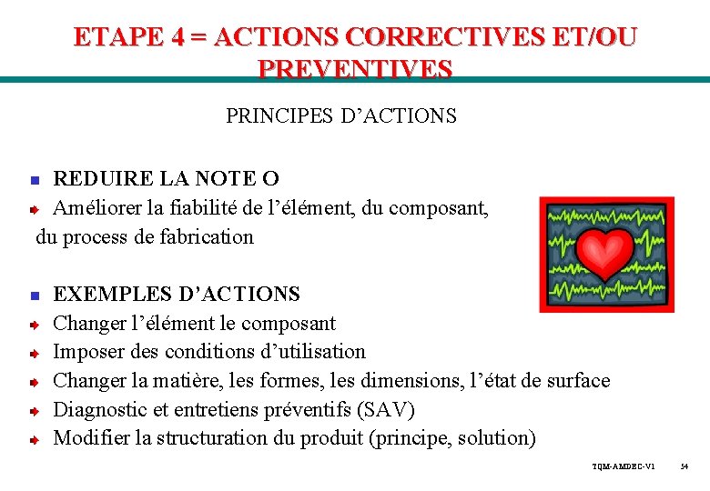 ETAPE 4 = ACTIONS CORRECTIVES ET/OU PREVENTIVES PRINCIPES D’ACTIONS REDUIRE LA NOTE O Améliorer ETAPE 4 = ACTIONS CORRECTIVES ET/OU PREVENTIVES PRINCIPES D’ACTIONS REDUIRE LA NOTE O Améliorer