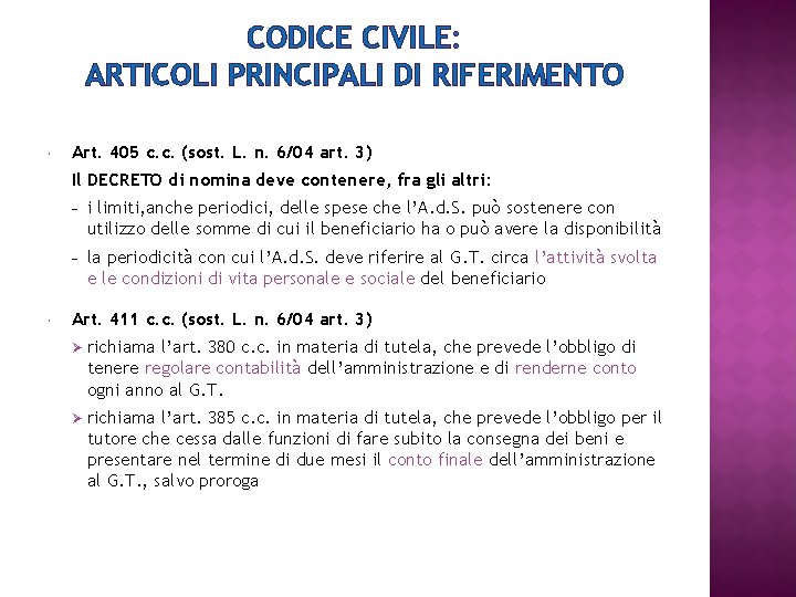 CODICE CIVILE: ARTICOLI PRINCIPALI DI RIFERIMENTO Art. 405 c. c. (sost. L. n. 6/04