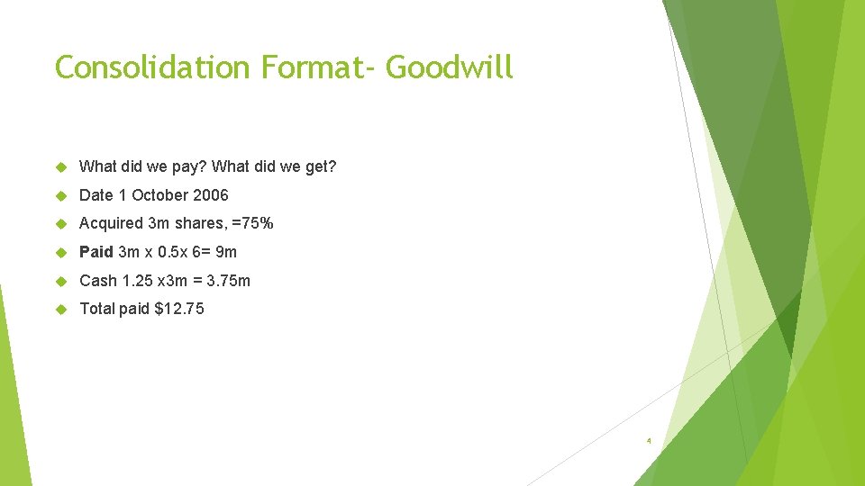 Consolidation Format- Goodwill What did we pay? What did we get? Date 1 October