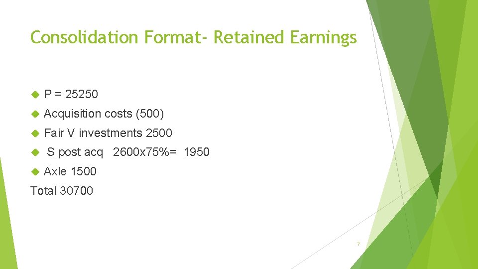 Consolidation Format- Retained Earnings P = 25250 Acquisition costs (500) Fair V investments 2500