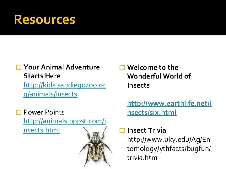 Resources � Your Animal Adventure Starts Here http: //kids. sandiegozoo. or g/animals/insects � Power