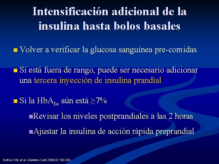 Intensificación adicional de la insulina hasta bolos basales n Volver a verificar la glucosa