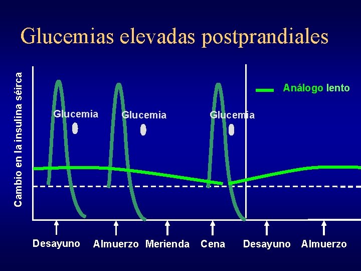 Cambio en la insulina séirca Glucemias elevadas postprandiales Análogo lento Glucemia Desayuno Glucemia Almuerzo