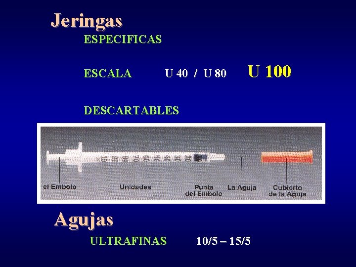 Jeringas ESPECIFICAS ESCALA U 40 / U 80 U 100 DESCARTABLES Agujas ULTRAFINAS 10/5