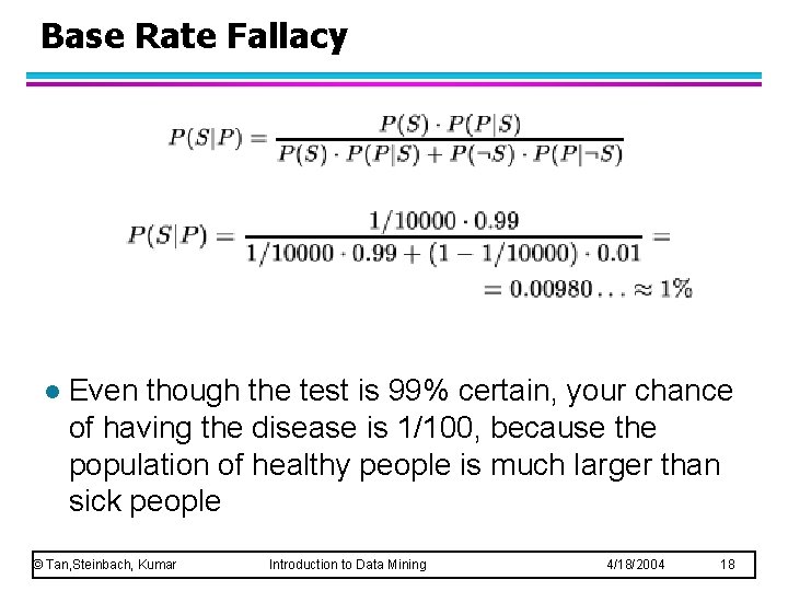 Base Rate Fallacy l Even though the test is 99% certain, your chance of