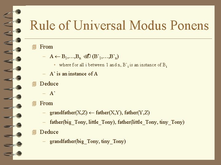 Rule of Universal Modus Ponens 4 From – A B 1, …, Bn (B`1,