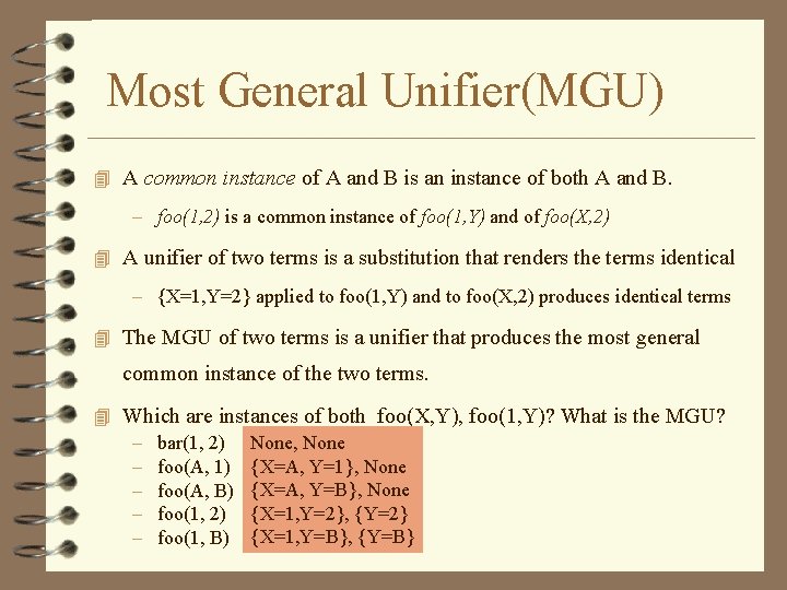 Most General Unifier(MGU) 4 A common instance of A and B is an instance