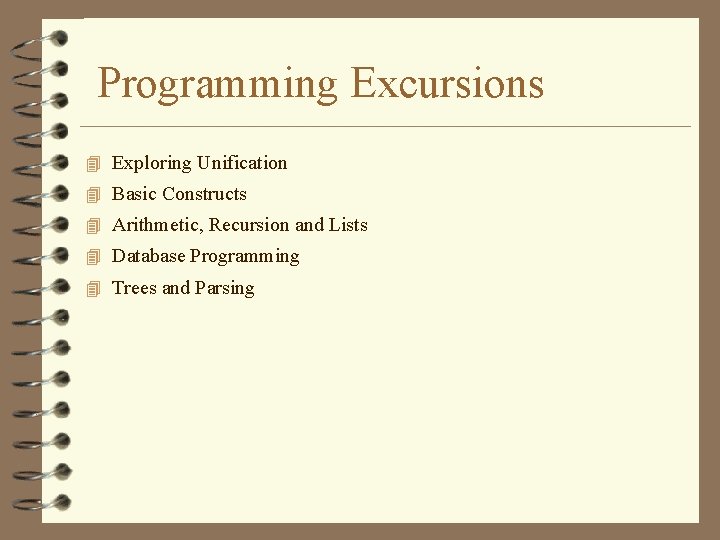 Programming Excursions 4 Exploring Unification 4 Basic Constructs 4 Arithmetic, Recursion and Lists 4