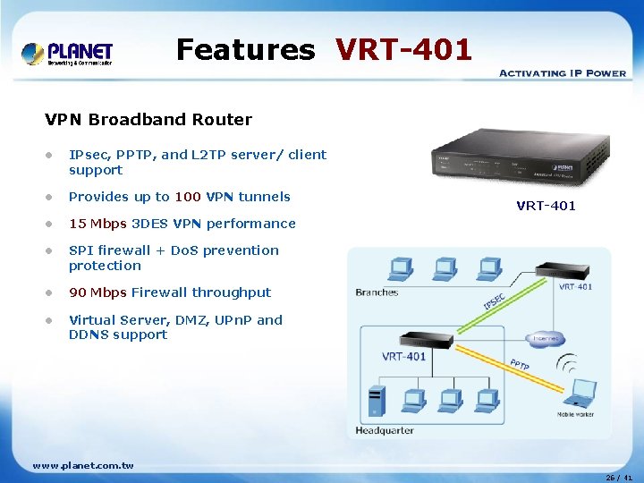 Features VRT-401 VPN Broadband Router l IPsec, PPTP, and L 2 TP server/ client