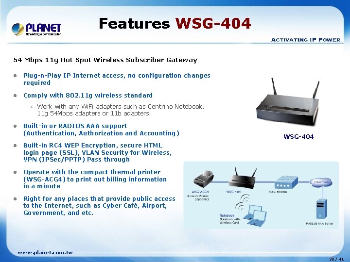 Features WSG-404 54 Mbps 11 g Hot Spot Wireless Subscriber Gateway l Plug-n-Play IP