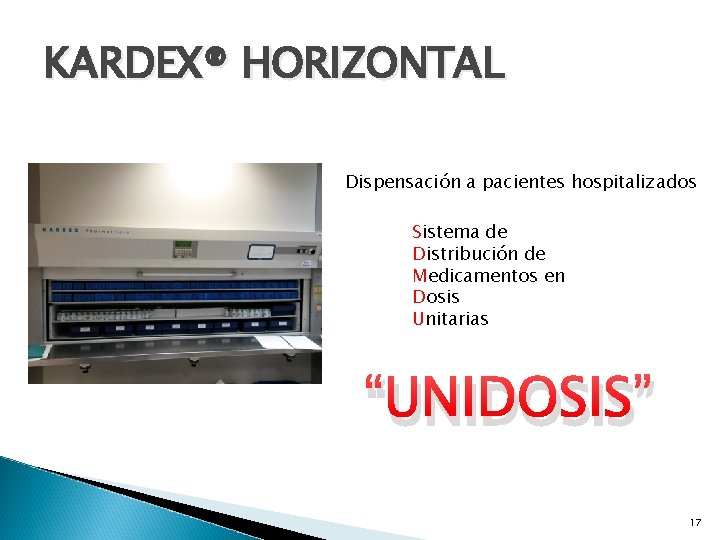 KARDEX® HORIZONTAL Dispensación a pacientes hospitalizados Sistema de Distribución de Medicamentos en Dosis Unitarias