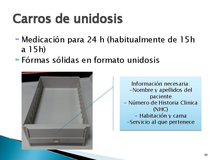 Carros de unidosis Medicación para 24 h (habitualmente de 15 h a 15 h)