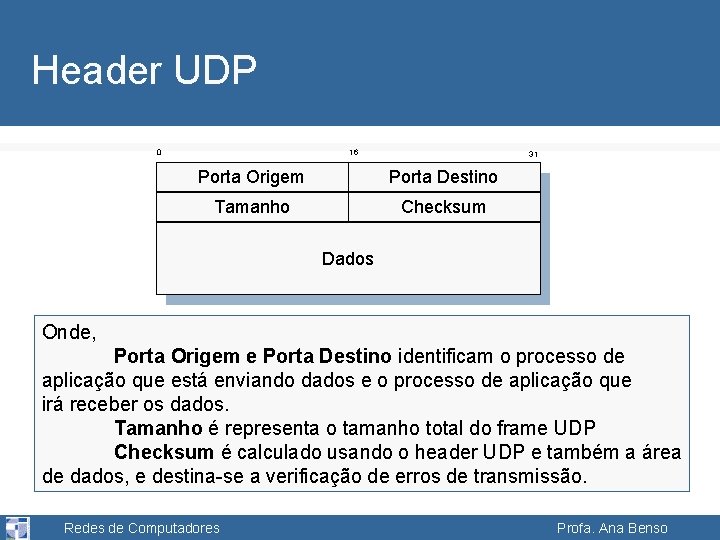 Header UDP 0 16 31 Porta Origem Porta Destino Tamanho Checksum Dados Onde, Porta