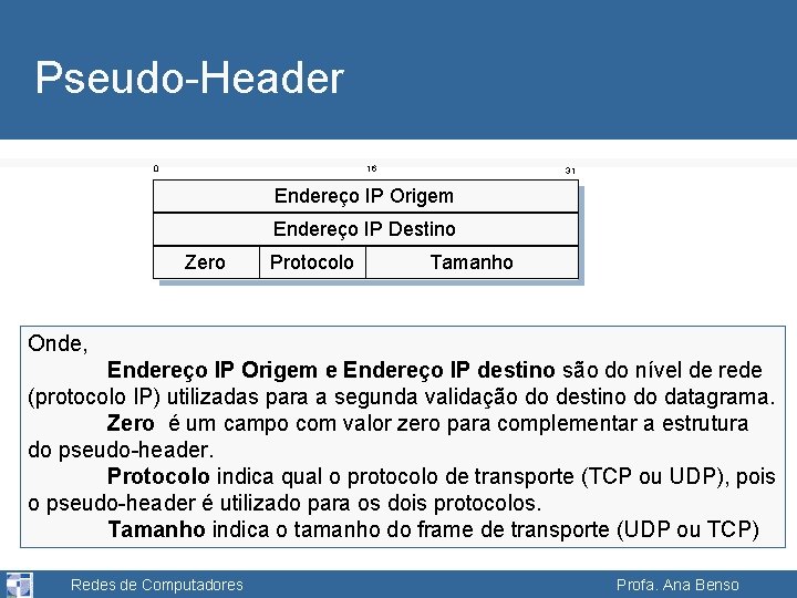 Pseudo-Header 0 16 31 Endereço IP Origem Endereço IP Destino Zero Protocolo Tamanho Onde,