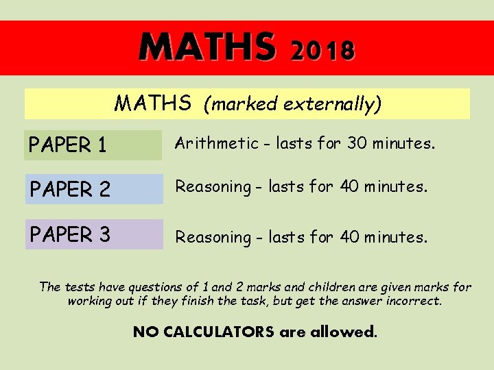 MATHS 2018 MATHS (marked externally) PAPER 1 Arithmetic - lasts for 30 minutes. PAPER
