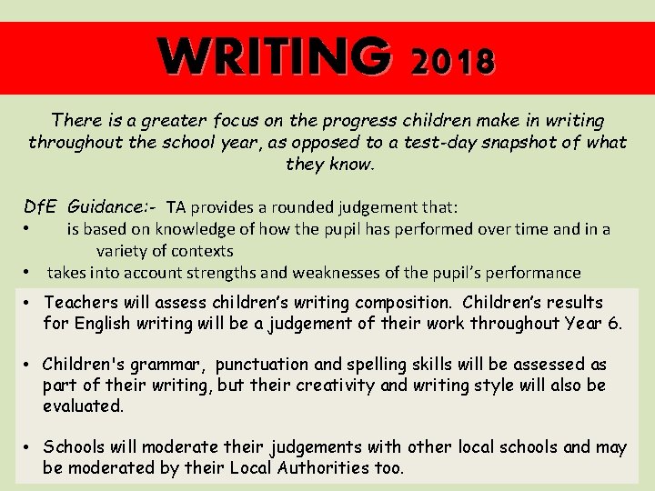 WRITING 2018 There is a greater focus on the progress children make in writing