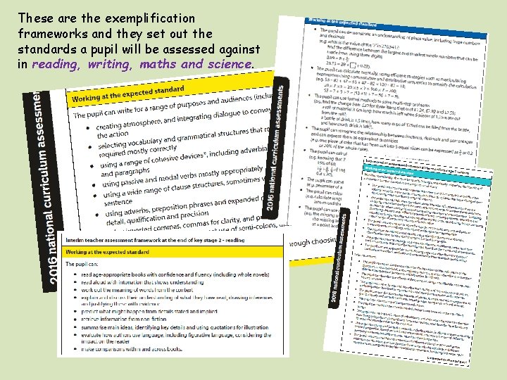 These are the exemplification frameworks and they set out the standards a pupil will