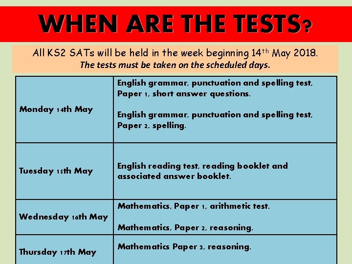 WHEN ARE THE TESTS? All KS 2 SATs will be held in the week