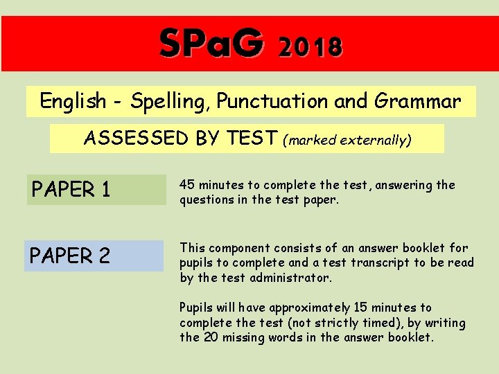 SPa. G 2018 English - Spelling, Punctuation and Grammar ASSESSED BY TEST (marked externally)